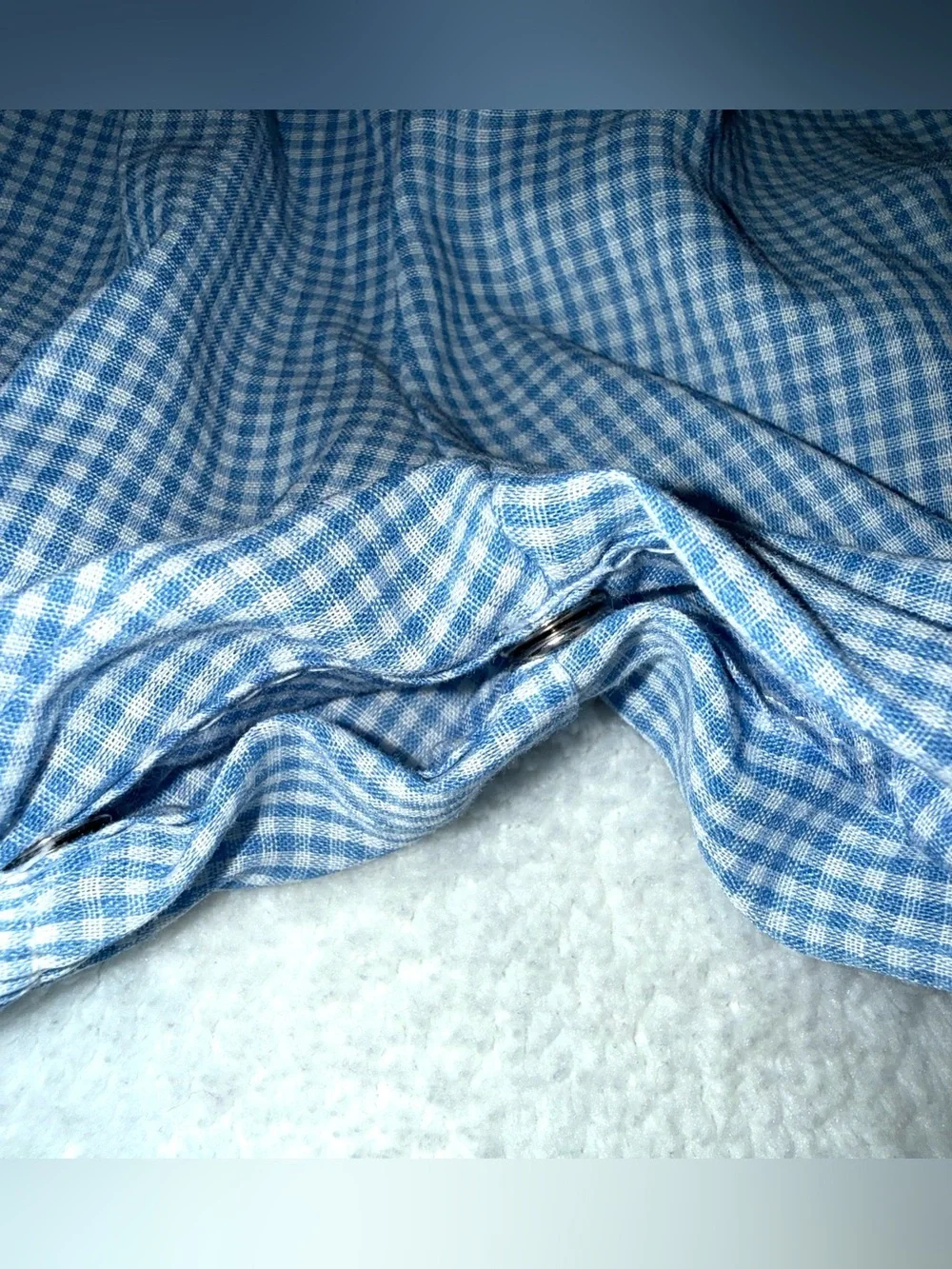Alexis brand blue gingham bubble romper w/embroidered train details, size 3-6 mo